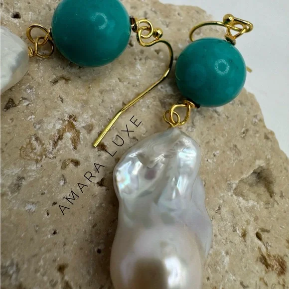 Turquoise & Keshi Baroque Pearl Dangles - Picture 9 of 9